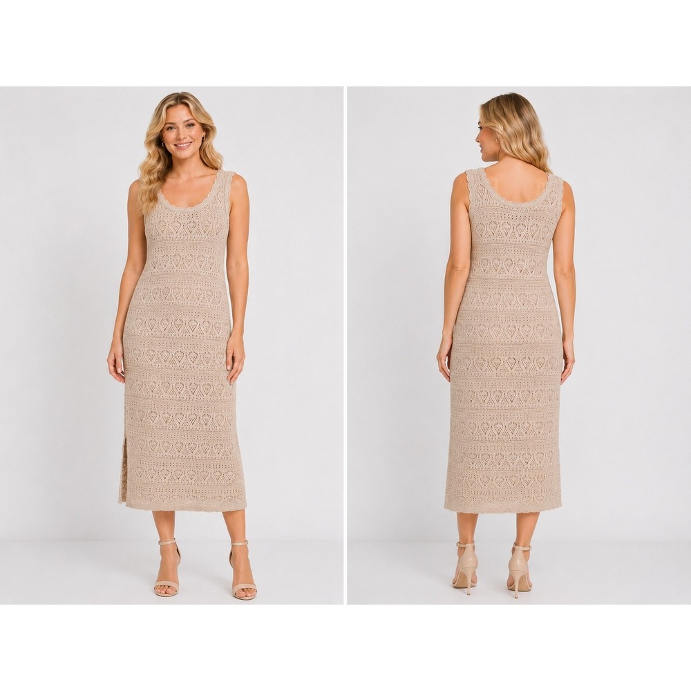 Cream Crochet Knit Dress Large Cream Sleeveless Side Slit Midi Pointelle Beachy